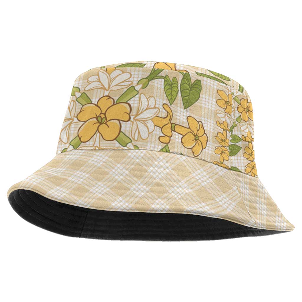 Squares Puakenikeni and Kalo Bucket Hat Beige Palaka Hawaiian Quilt Pattern - Polynesian Pride