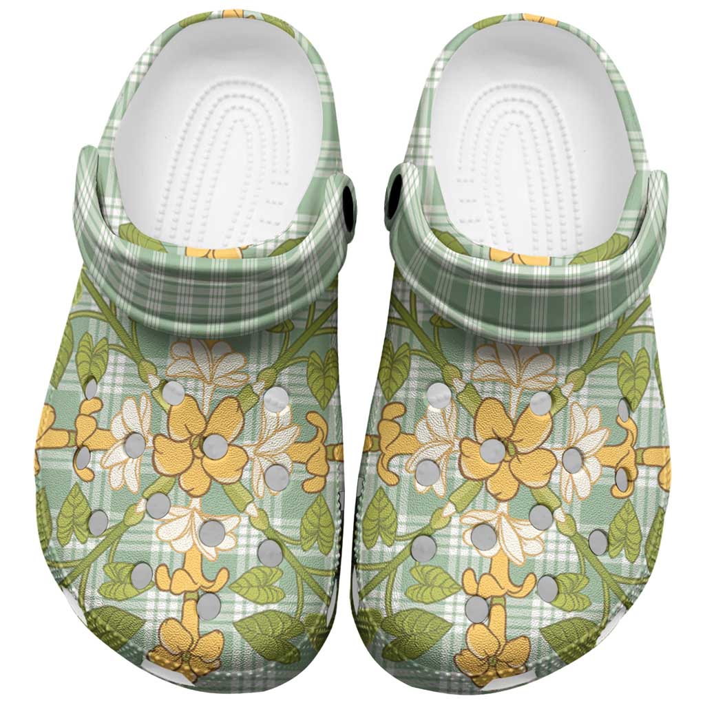 Squares Puakenikeni and Kalo Clogs Shoes Turquoise Palaka Hawaiian Quilt Pattern - Polynesian Pride