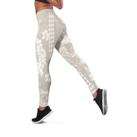 Suede Beige Hawaii Anthurium Plumeria Lei Leggings LT9 Beige - Polynesian Pride