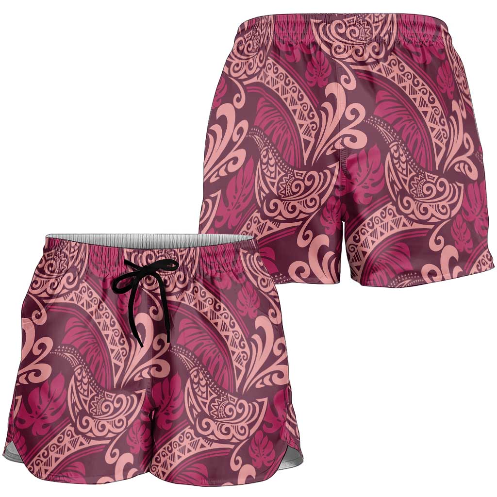 Sweet Pink Monstera Shorts for Women Polynesian Tribal Pattern LT01 - Polynesian Pride