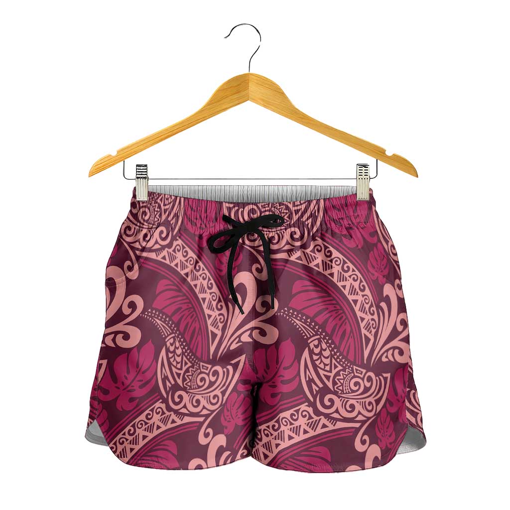 Sweet Pink Monstera Shorts for Women Polynesian Tribal Pattern LT01 - Polynesian Pride