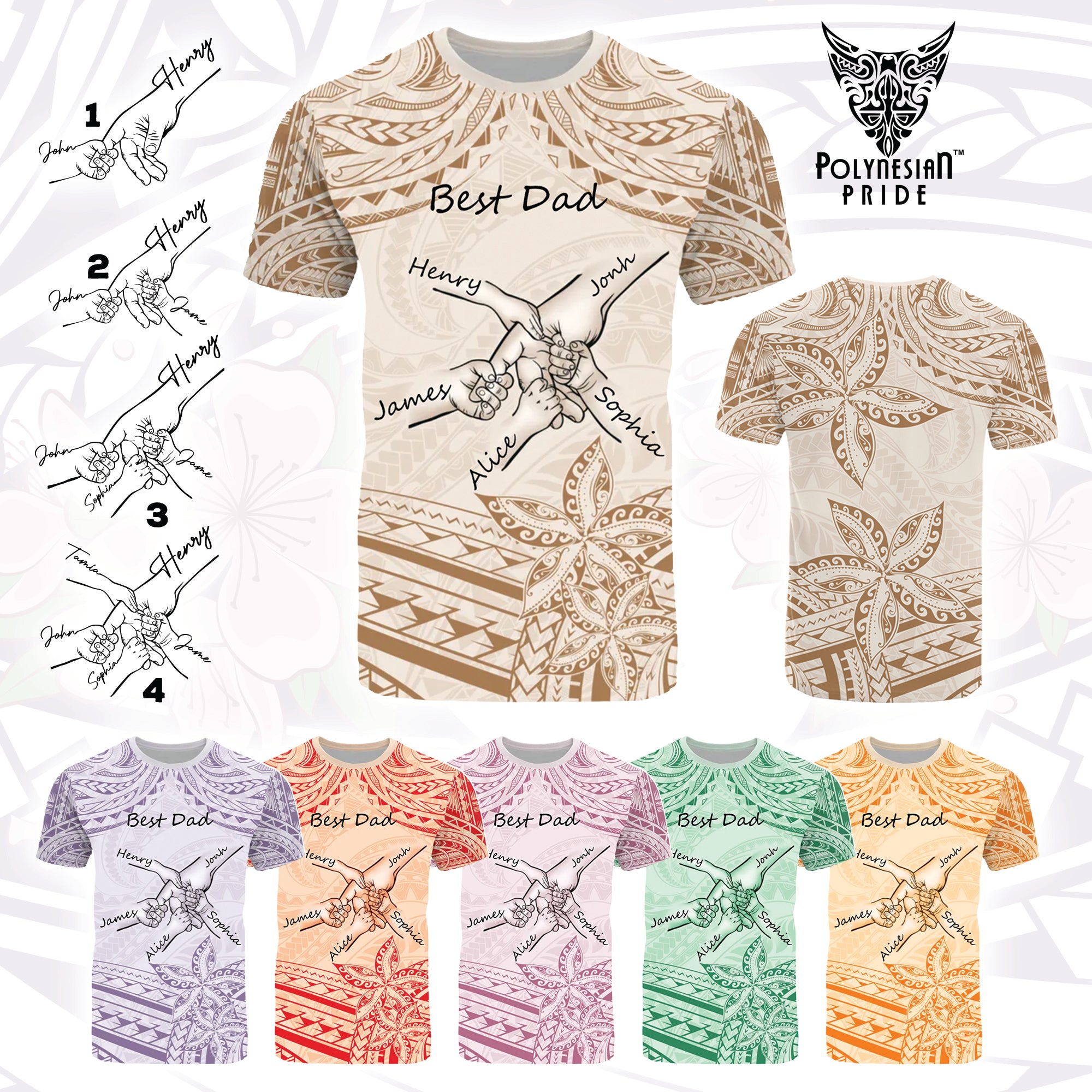 Custom Father's Day Fist Bump Dad and Baby Hands Holding T Shirt - Plumeria Floral Tribal Tattoo Unique CTM09