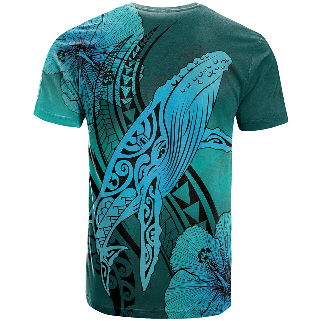 Hawaiian Map Whale Swim Hibiscus Polynesian T Shirt Turquoise AH