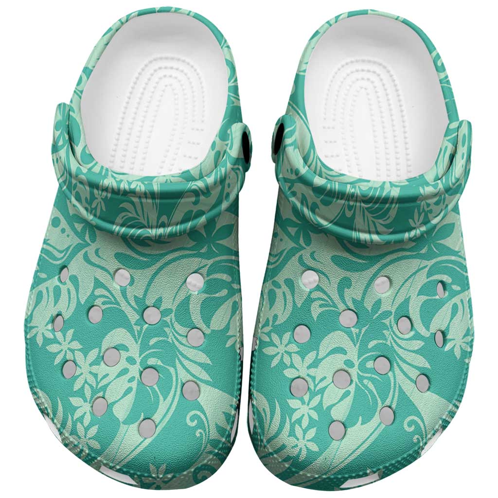 Tahiti Teal Tiare Floral Clogs Shoes Monstera Palm Tropical Leaves - Polynesian Pride