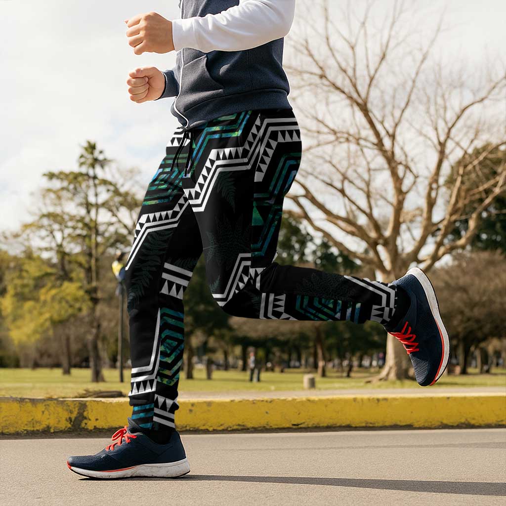 Taniko Aotearoa Mix Paua Shell Jogger Pants Niho Taniwha Turquoise Glitter LT01 - Polynesian Pride