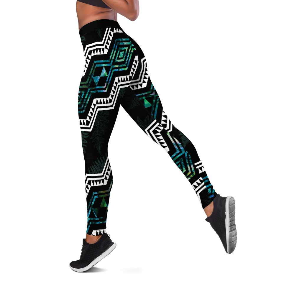 Taniko Aotearoa Mix Paua Shell Leggings Niho Taniwha Turquoise Glitter LT01 Turquoise - Polynesian Pride