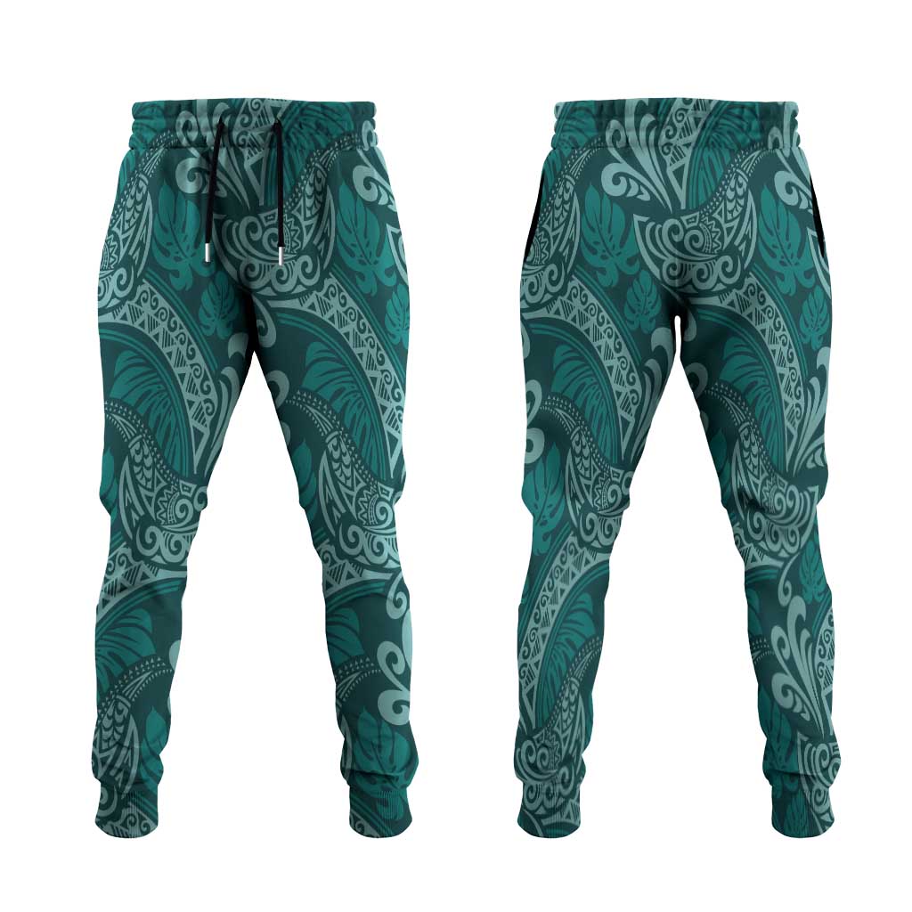 Teal Monstera Jogger Pants Polynesian Tribal Pattern - Polynesian Pride