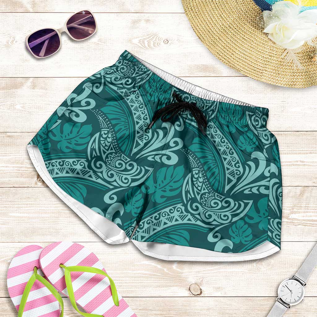 Teal Monstera Shorts for Women Polynesian Tribal Pattern LT01 Teal - Polynesian Pride