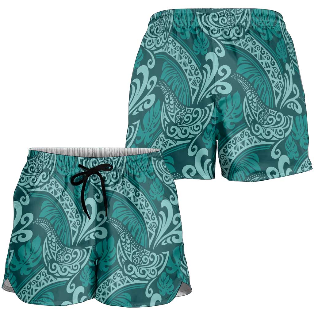Teal Monstera Shorts for Women Polynesian Tribal Pattern LT01 - Polynesian Pride