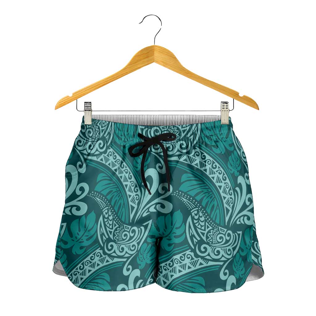 Teal Monstera Shorts for Women Polynesian Tribal Pattern LT01 - Polynesian Pride