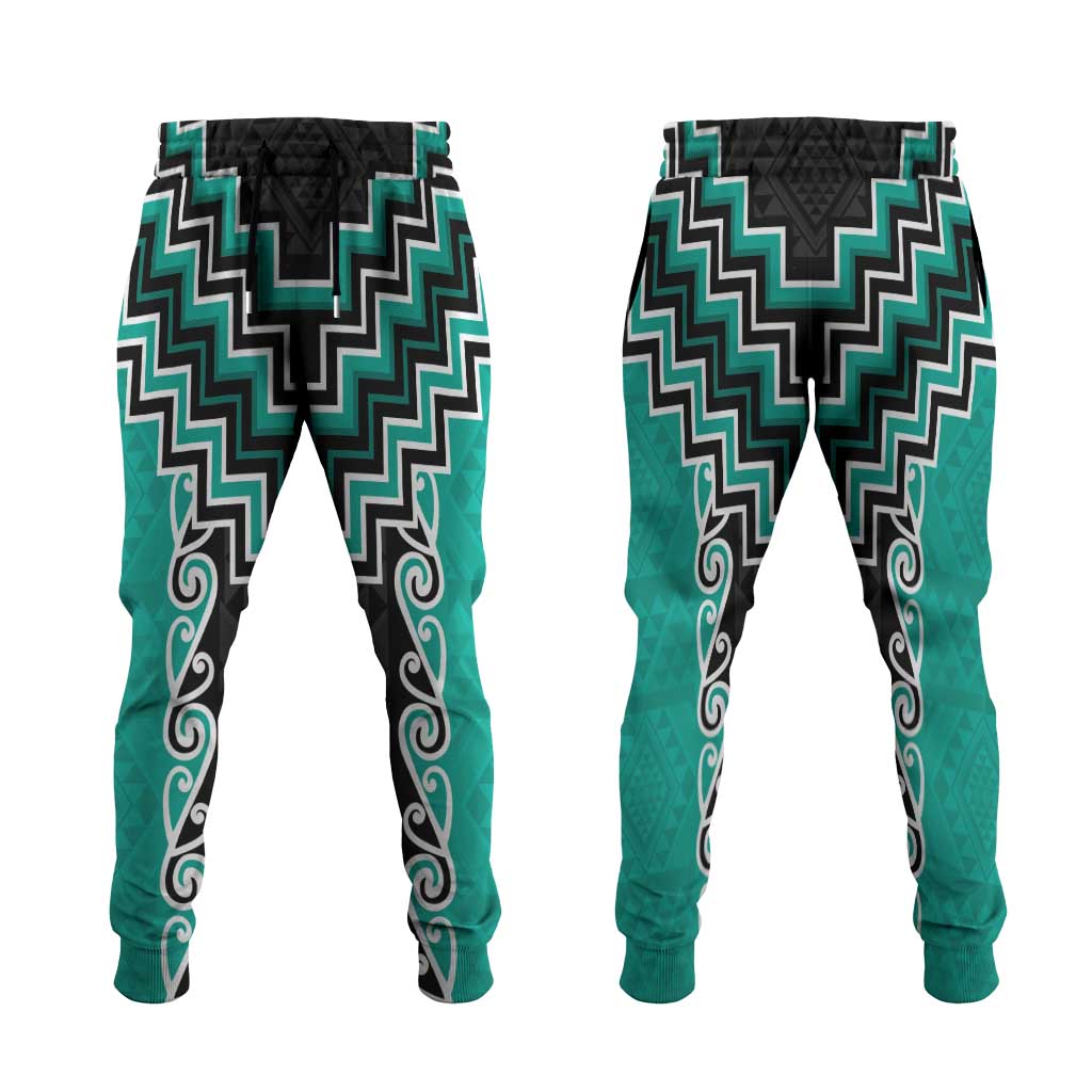 Teal Niho Taniwha Mix Poutama Jogger Pants Unique Taniko Aotearoa LT01 Teal - Polynesian Pride