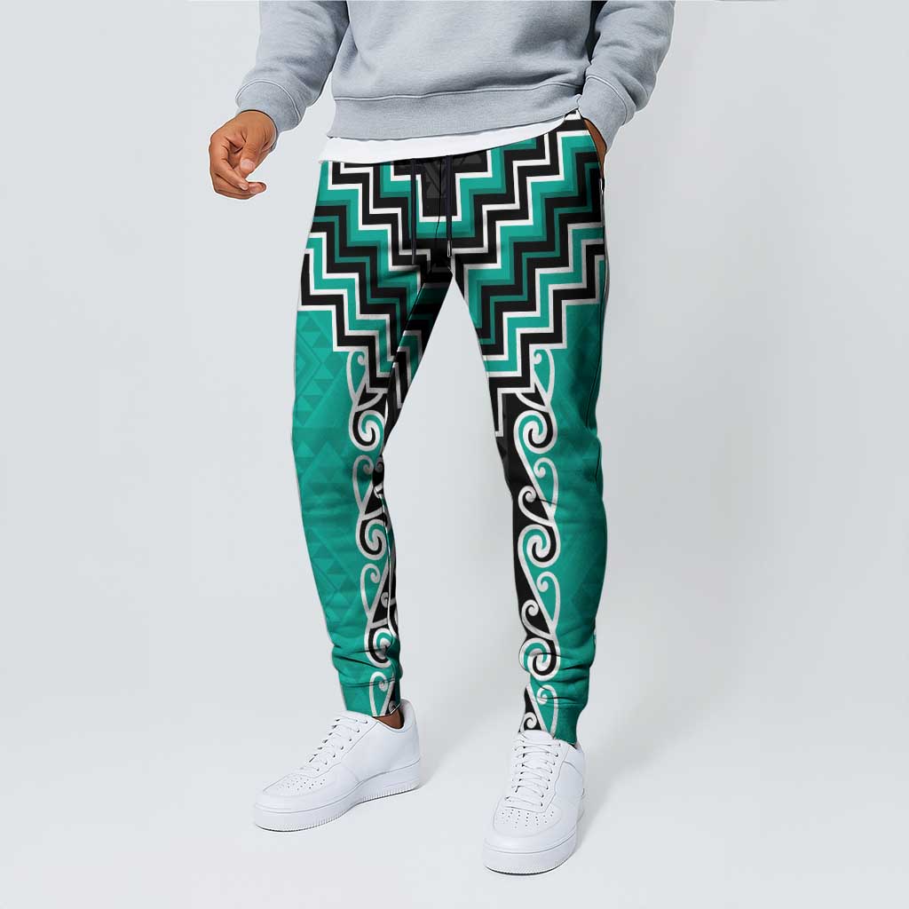 Teal Niho Taniwha Mix Poutama Jogger Pants Unique Taniko Aotearoa LT01 - Polynesian Pride