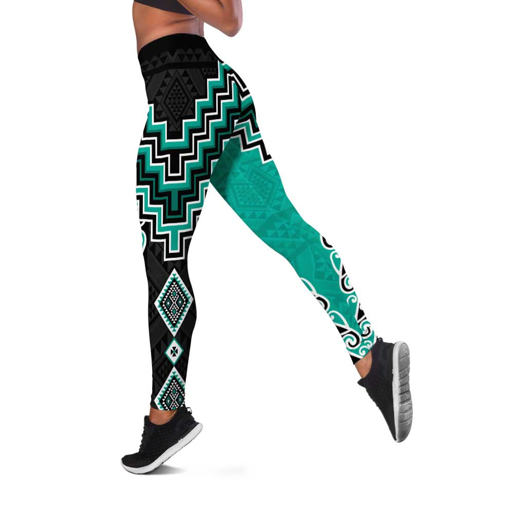 Teal Niho Taniwha Mix Poutama Leggings Unique Taniko Aotearoa LT01 Teal - Polynesian Pride