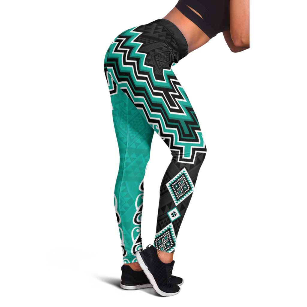 Teal Niho Taniwha Mix Poutama Leggings Unique Taniko Aotearoa LT01 - Polynesian Pride