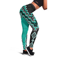 Teal Niho Taniwha Mix Poutama Leggings Unique Taniko Aotearoa LT01 - Polynesian Pride
