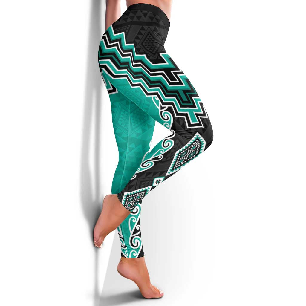Teal Niho Taniwha Mix Poutama Leggings Unique Taniko Aotearoa LT01 - Polynesian Pride