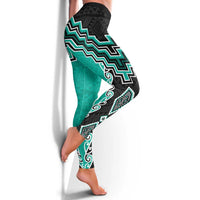 Teal Niho Taniwha Mix Poutama Leggings Unique Taniko Aotearoa LT01 - Polynesian Pride
