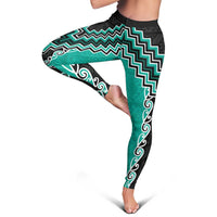 Teal Niho Taniwha Mix Poutama Leggings Unique Taniko Aotearoa LT01 - Polynesian Pride