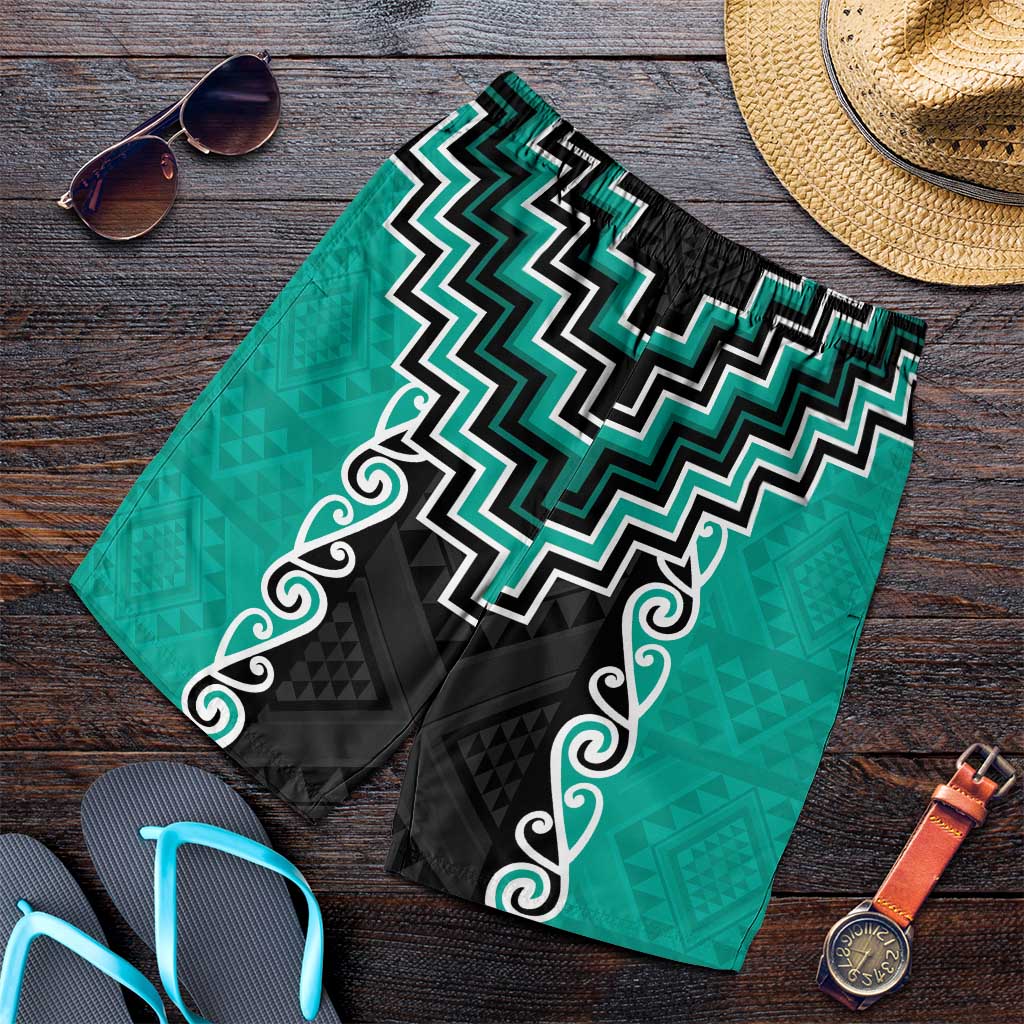Teal Niho Taniwha Mix Poutama Shorts for Men Unique Taniko Aotearoa LT01 Teal - Polynesian Pride