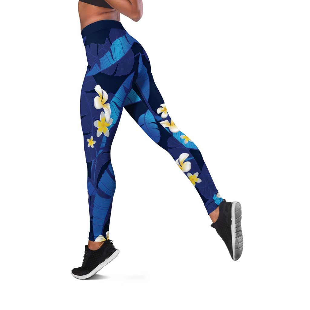 Teal Purple Banana Leaf Hawaii Leggings Lau Maia Plumeria Tropical Summer Vibes