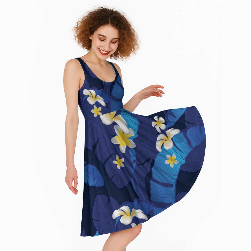 Teal Purple Banana Leaf Hawaii Midi Dress Lau Maia Plumeria Tropical Summer Vibes