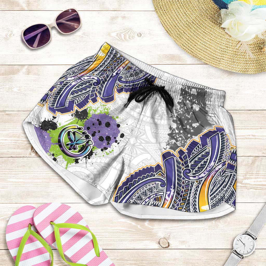 Traditional Art Hawaiian Kakau Tattoos Shorts for Women Graffiti Style LT03 White - Polynesian Pride