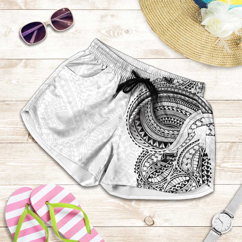 Traditional Polynesian Art Tattoos Shorts for Women White Color LT03 White - Polynesian Pride