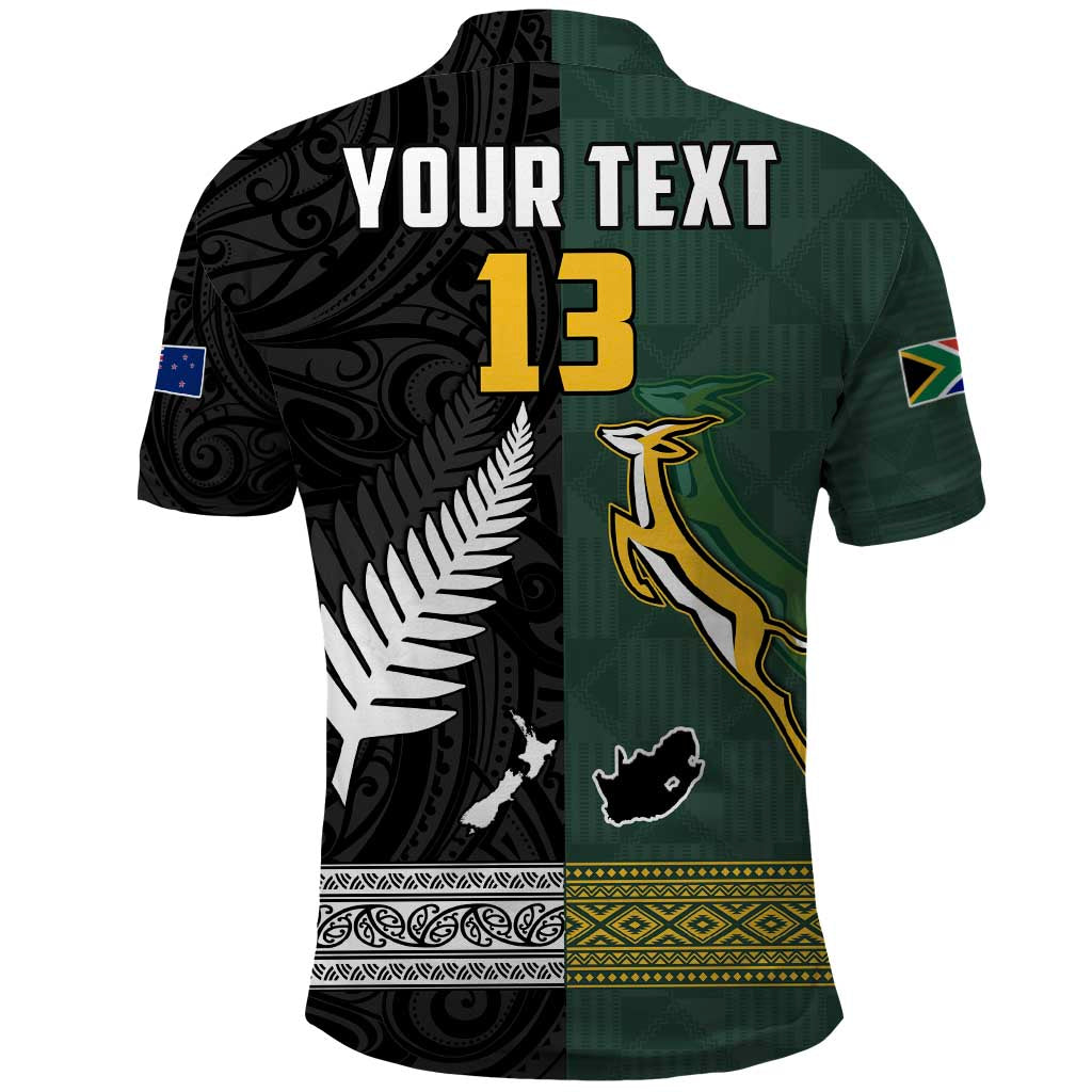 (Custom Text and Number) South Africa Protea and New Zealand Fern Polo Shirt Rugby Go Springboks vs All Black LT13