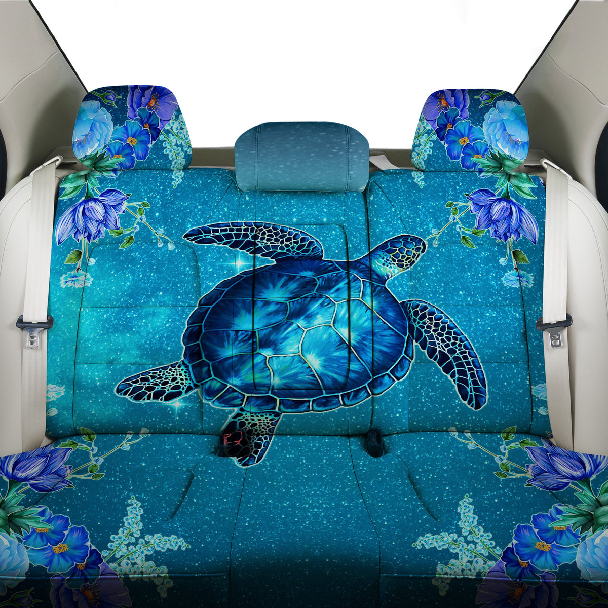Hawaii Blue Turtle Flower Back Seat Cover - Ocean Secret - AH One Size Blue Back Car Seat Covers - Polynesian Pride
