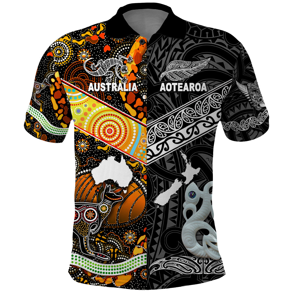 New Zealand Australia Polo Shirt Maori and Aboriginal Together Black LT8 - Polynesian Pride