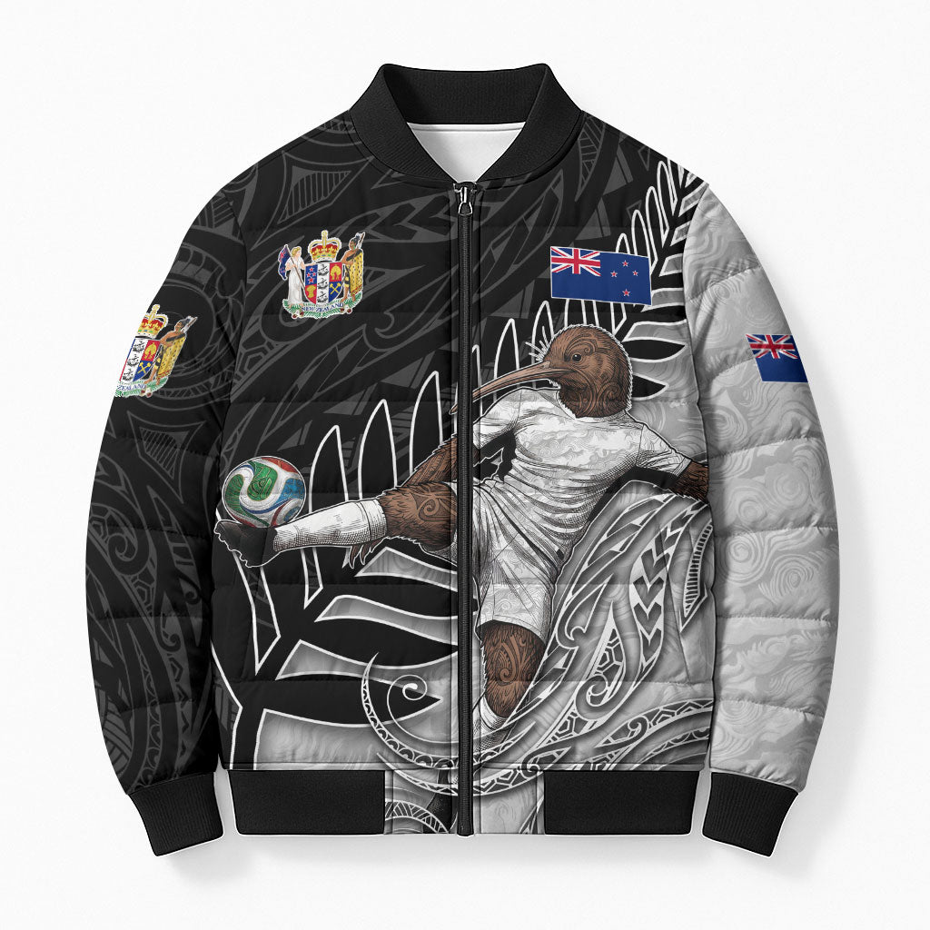 Personalized New Zealand Football Bomber Puffer Jacket Kiwi Mascot with Silver Fern - Maori Tribal Tattoo Art