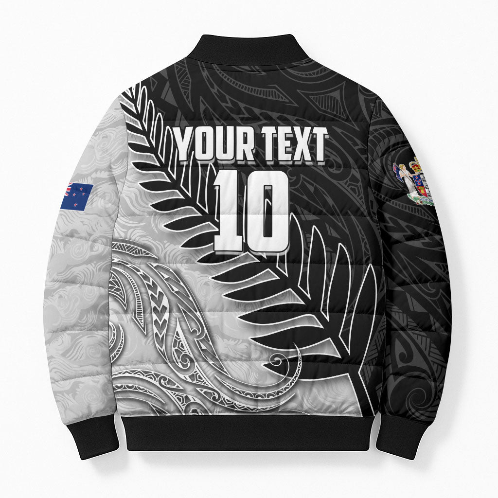 Personalized New Zealand Football Bomber Puffer Jacket Kiwi Mascot with Silver Fern - Maori Tribal Tattoo Art