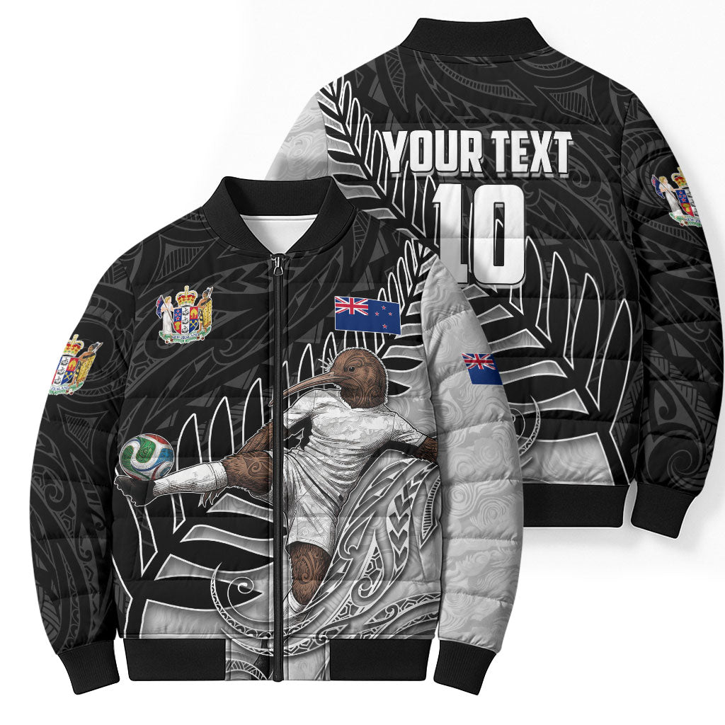 Personalized New Zealand Football Bomber Puffer Jacket Kiwi Mascot with Silver Fern - Maori Tribal Tattoo Art