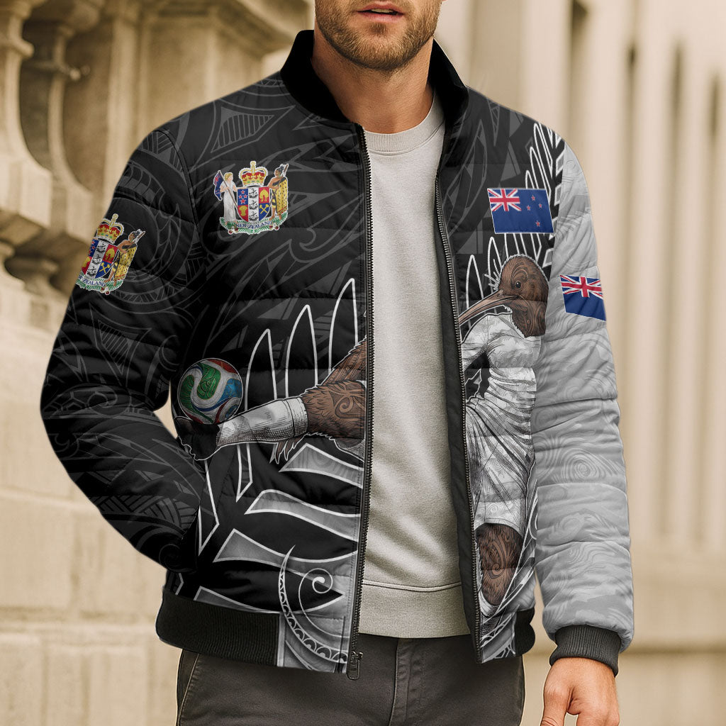 Personalized New Zealand Football Bomber Puffer Jacket Kiwi Mascot with Silver Fern - Maori Tribal Tattoo Art