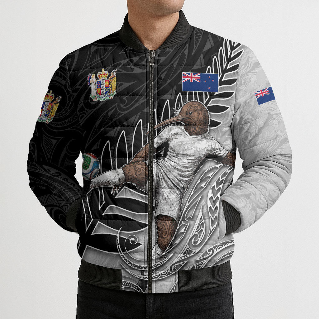 Personalized New Zealand Football Bomber Puffer Jacket Kiwi Mascot with Silver Fern - Maori Tribal Tattoo Art