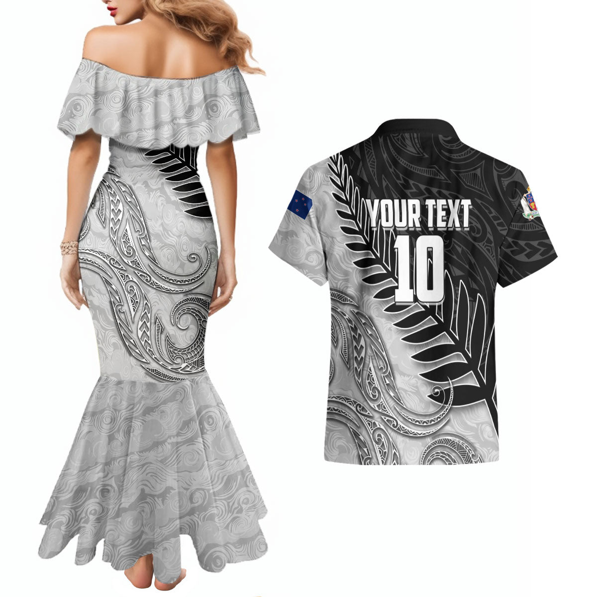 Personalized New Zealand Football Couples Matching Mermaid Dress and Hawaiian Shirt Kiwi Mascot with Silver Fern - Maori Tribal Tattoo Art