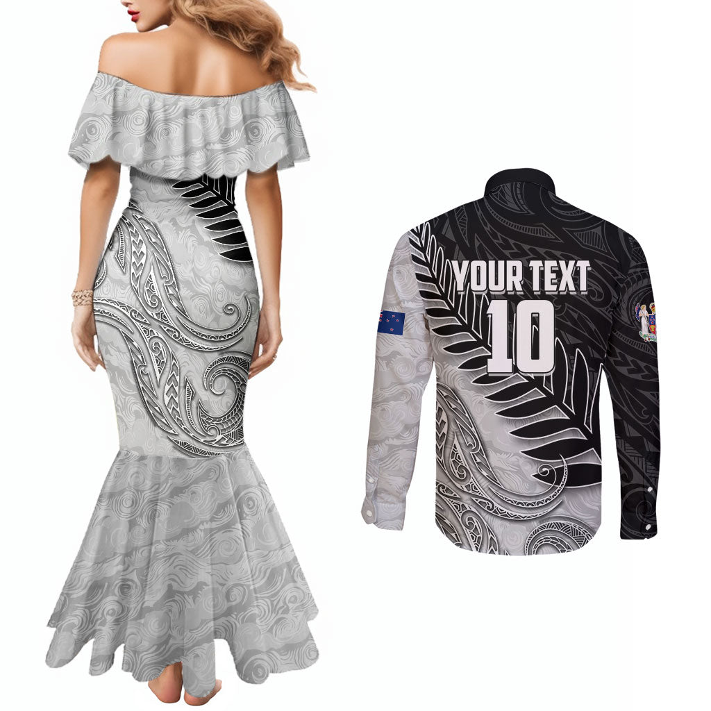 Personalized New Zealand Football Couples Matching Mermaid Dress and Long Sleeve Button Shirt Kiwi Mascot with Silver Fern - Maori Tribal Tattoo Art
