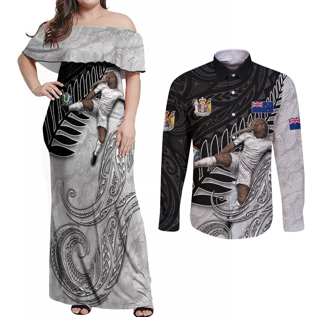 Personalized New Zealand Football Couples Matching Off Shoulder Maxi Dress and Long Sleeve Button Shirt Kiwi Mascot with Silver Fern - Maori Tribal Tattoo Art