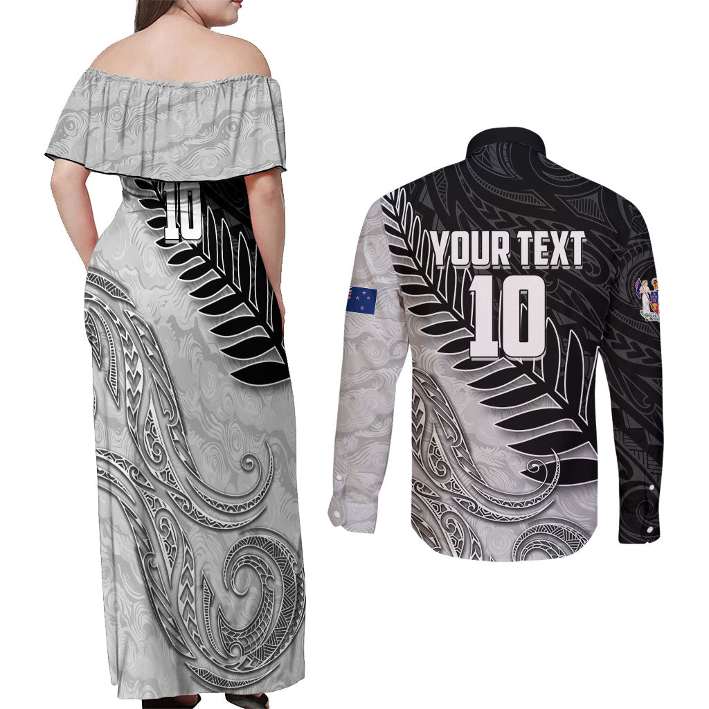 Personalized New Zealand Football Couples Matching Off Shoulder Maxi Dress and Long Sleeve Button Shirt Kiwi Mascot with Silver Fern - Maori Tribal Tattoo Art