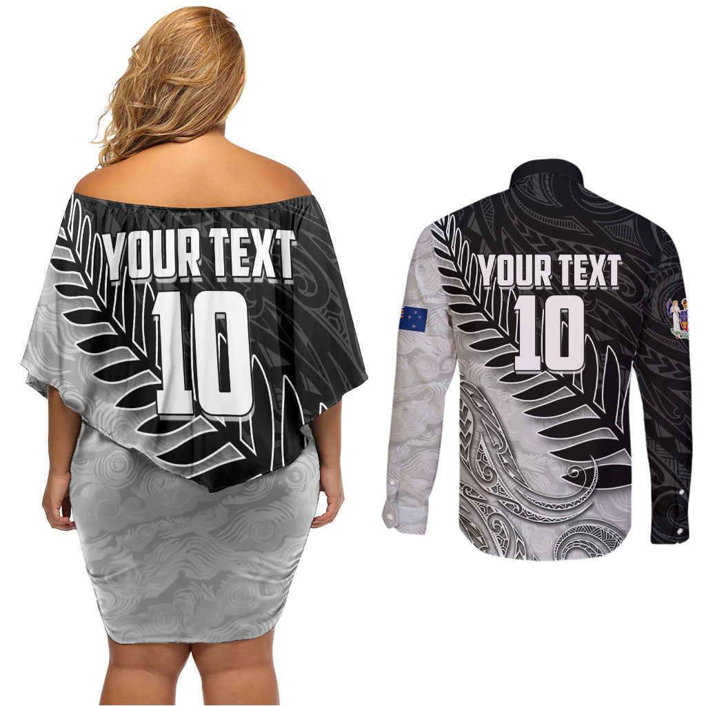 Personalized New Zealand Football Couples Matching Off Shoulder Short Dress and Long Sleeve Button Shirt Kiwi Mascot with Silver Fern - Maori Tribal Tattoo Art