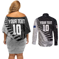 Personalized New Zealand Football Couples Matching Off Shoulder Short Dress and Long Sleeve Button Shirt Kiwi Mascot with Silver Fern - Maori Tribal Tattoo Art