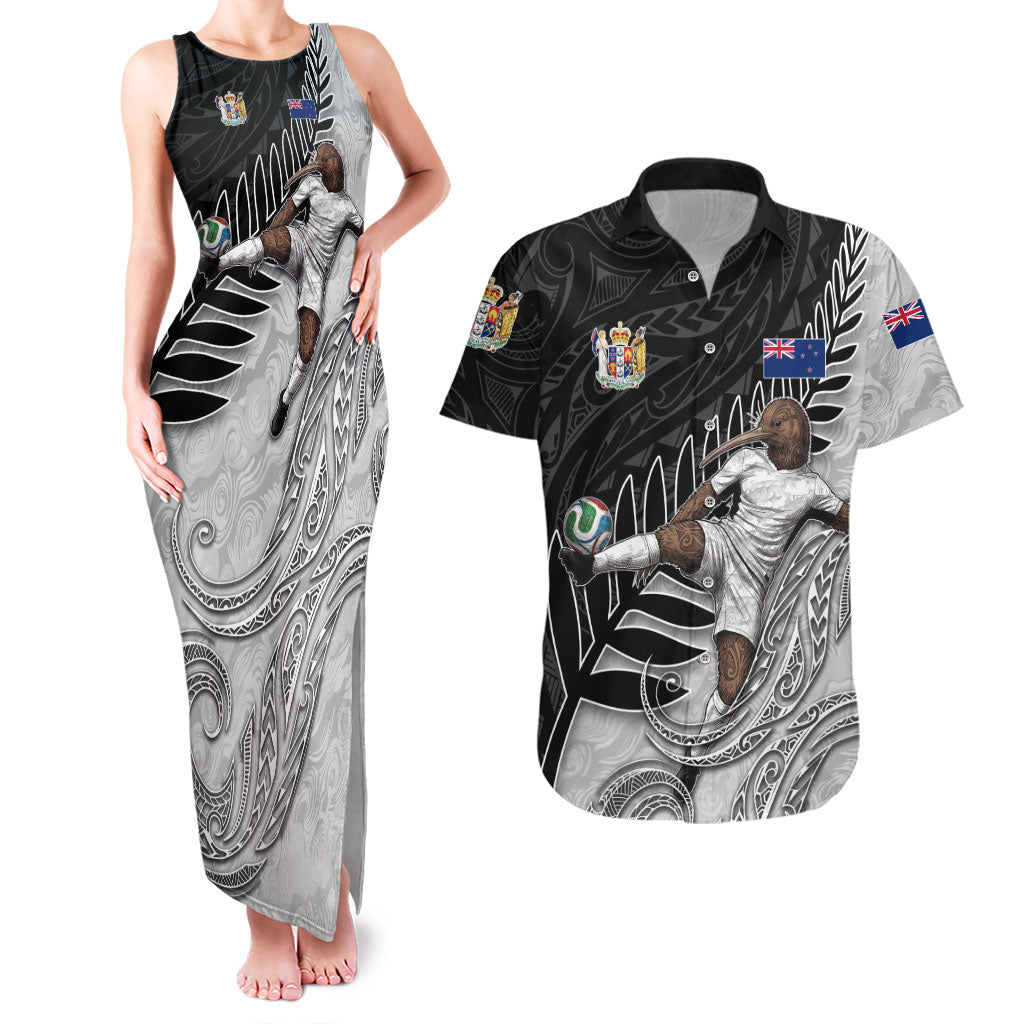 Personalized New Zealand Football Couples Matching Tank Maxi Dress and Hawaiian Shirt Kiwi Mascot with Silver Fern - Maori Tribal Tattoo Art
