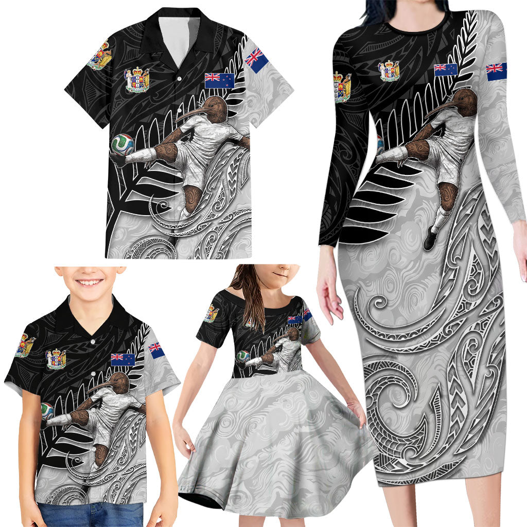 Personalized New Zealand Football Family Matching Long Sleeve Bodycon Dress and Hawaiian Shirt Kiwi Mascot with Silver Fern - Maori Tribal Tattoo Art