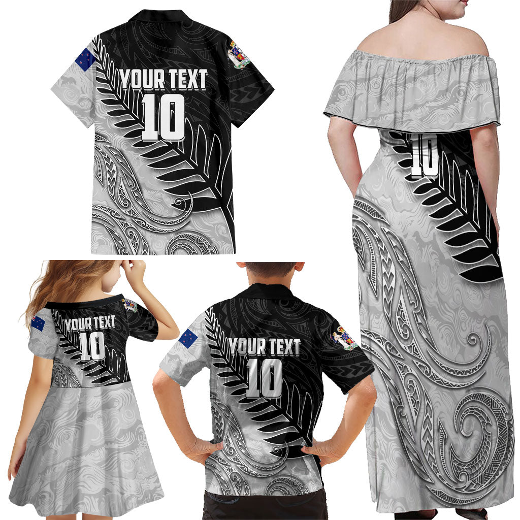 Personalized New Zealand Football Family Matching Off Shoulder Maxi Dress and Hawaiian Shirt Kiwi Mascot with Silver Fern - Maori Tribal Tattoo Art