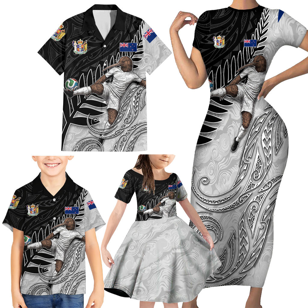 Personalized New Zealand Football Family Matching Short Sleeve Bodycon Dress and Hawaiian Shirt Kiwi Mascot with Silver Fern - Maori Tribal Tattoo Art