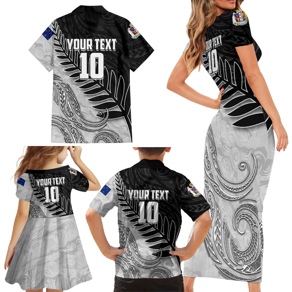 Personalized New Zealand Football Family Matching Short Sleeve Bodycon Dress and Hawaiian Shirt Kiwi Mascot with Silver Fern - Maori Tribal Tattoo Art