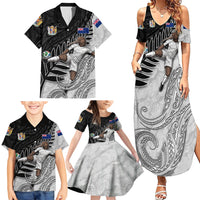 Personalized New Zealand Football Family Matching Summer Maxi Dress and Hawaiian Shirt Kiwi Mascot with Silver Fern - Maori Tribal Tattoo Art