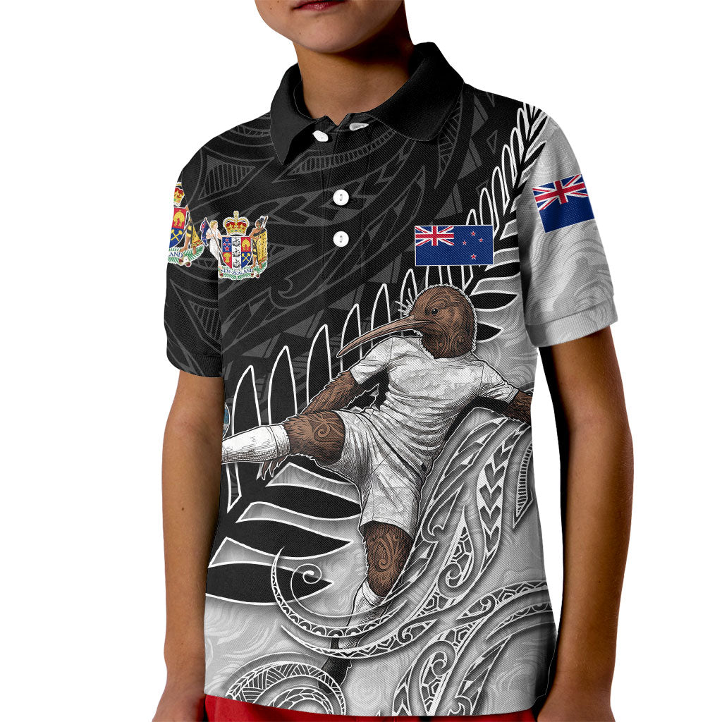 Personalized New Zealand Football Kid Polo Shirt Kiwi Mascot with Silver Fern - Maori Tribal Tattoo Art