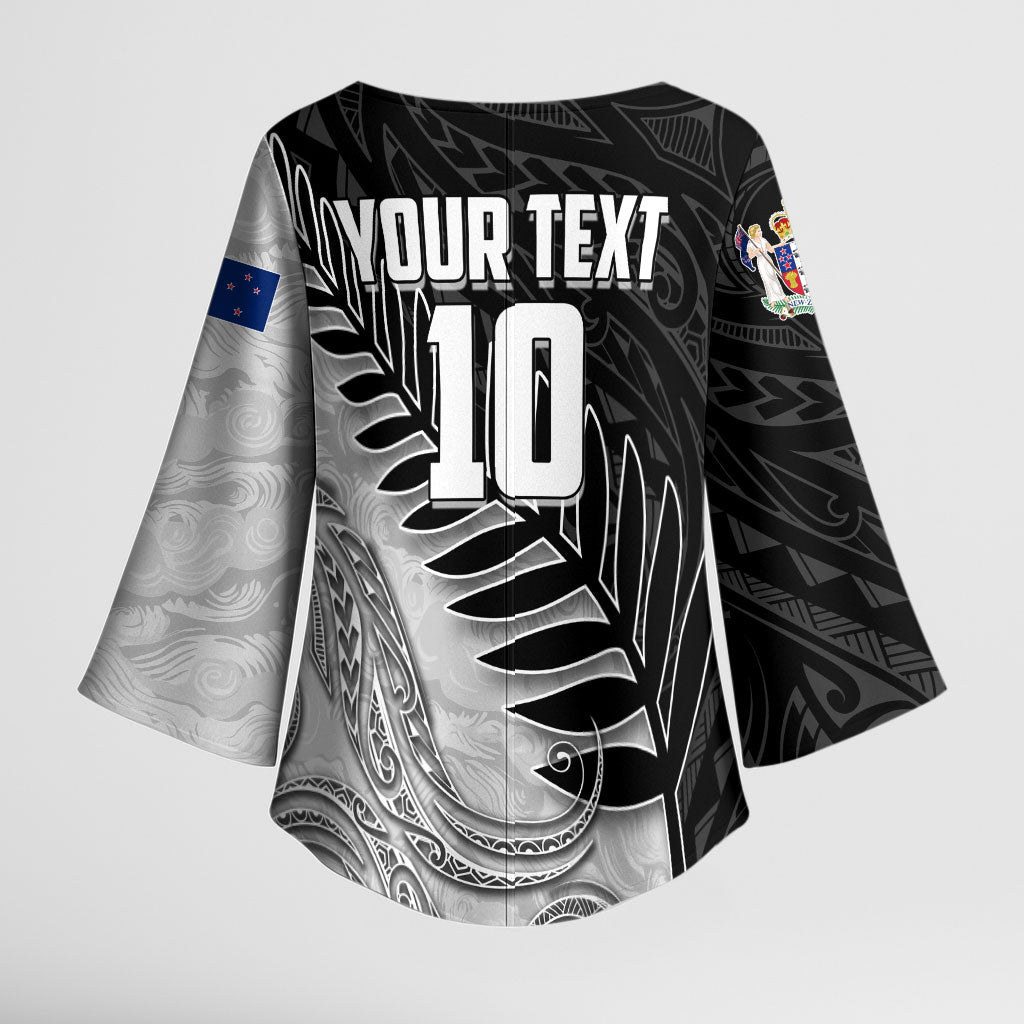 Personalized New Zealand Football Kimono Sleeve Blouse Kiwi Mascot with Silver Fern - Maori Tribal Tattoo Art