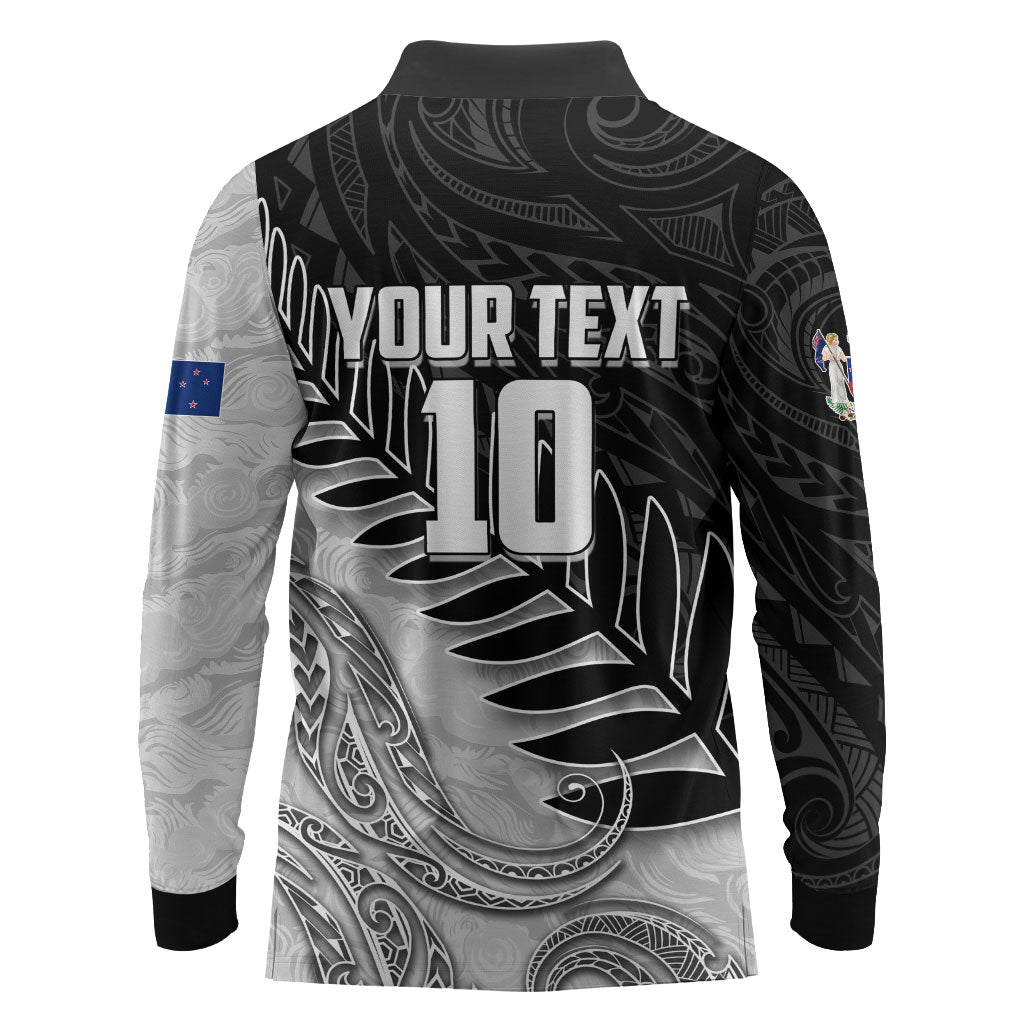 Personalized New Zealand Football Long Sleeve Polo Shirt Kiwi Mascot with Silver Fern - Maori Tribal Tattoo Art